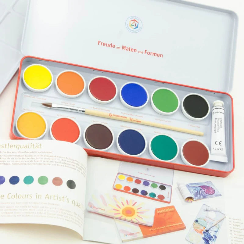 STOCKMAR Watercolour Paint Set in Tin 12 Opaque Colours, White, Brush + Mixing Palette