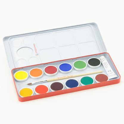 STOCKMAR Watercolour Paint Set in Tin 12 Opaque Colours, White, Brush + Mixing Palette