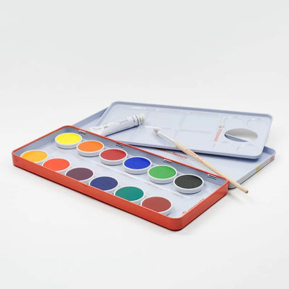 STOCKMAR Watercolour Paint Set in Tin 12 Opaque Colours, White, Brush + Mixing Palette