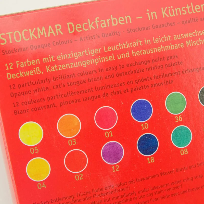 STOCKMAR Watercolour Paint Set in Tin 12 Opaque Colours, White, Brush + Mixing Palette